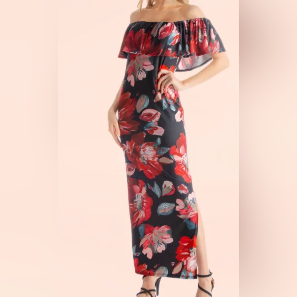 NWT 24seven Comfort Apparel Off-The-Shoulder Print Maxi Side Slit Dress Size 3X